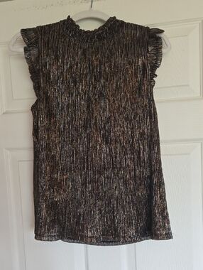 THML Metallic Ribbed Mock Neck Sleeveless Top - Black/Bronze Xs